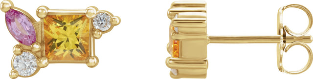 14K Gold Square Natural Yellow Sapphire & Natural Pink Sapphire & Natural Diamond Accented Earrings - Yellow Gold
