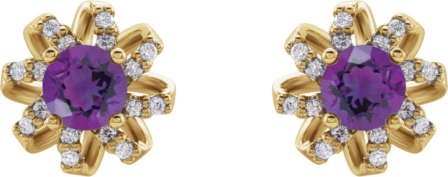 14K Gold Natural Amethyst Round 4-Prong Halo-Style Twist Earrings - Yellow Gold - view 4