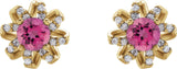 14K Gold Natural Pink Tourmaline Round 4-Prong Halo-Style Twist Earrings - Yellow Gold - view 4