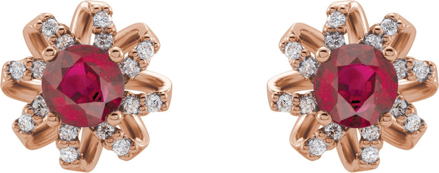14K Gold Natural Ruby Round 4-Prong Halo-Style Twist Earrings - Rose Gold - view 4