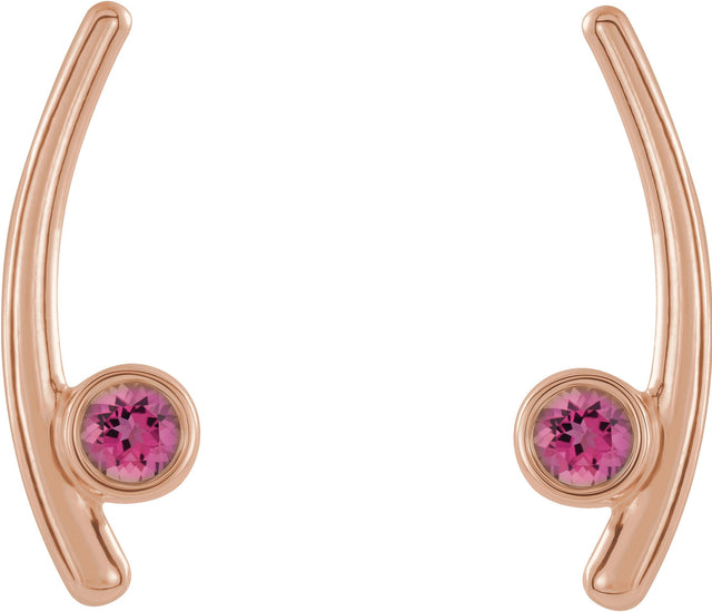 14K Gold Round Natural Pink Tourmaline Bezel-Set Ear Climbers - Rose Gold - view 4