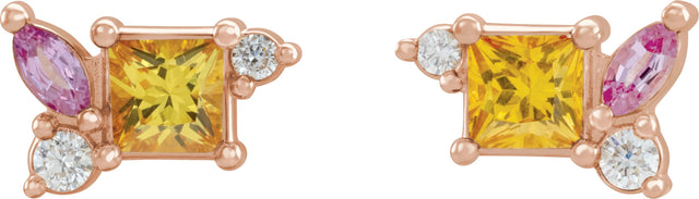 14K Gold Square Natural Yellow Sapphire & Natural Pink Sapphire & Natural Diamond Accented Earrings - Rose Gold - view 2