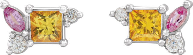 14K Gold Square Natural Yellow Sapphire & Natural Pink Sapphire & Natural Diamond Accented Earrings - White Gold - view 2