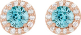 14K Gold Natural Blue Zircon Round 4-Prong Halo-Style Earrings II - Rose Gold - view 6