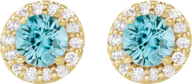 14K Gold Natural Blue Zircon Round 4-Prong Halo-Style Earrings II - Yellow Gold - view 6