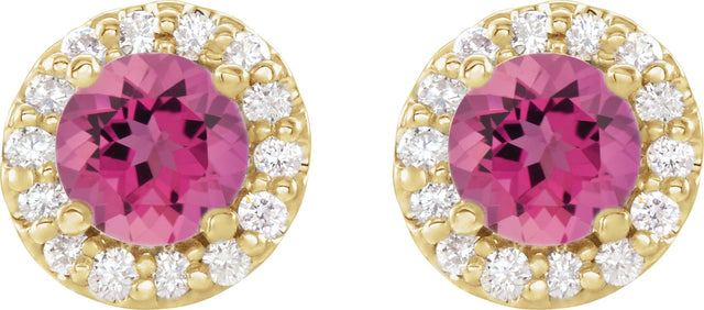14K Gold Natural Pink Tourmaline Round 4-Prong Halo-Style Earrings II - Yellow Gold - view 6