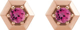 14K Gold Natural Pink Tourmaline Round 3-Prong Geometric Earrings - Rose Gold - view 4