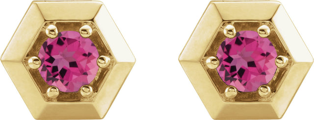 14K Gold Natural Pink Tourmaline Round 3-Prong Geometric Earrings - Yellow Gold - view 4
