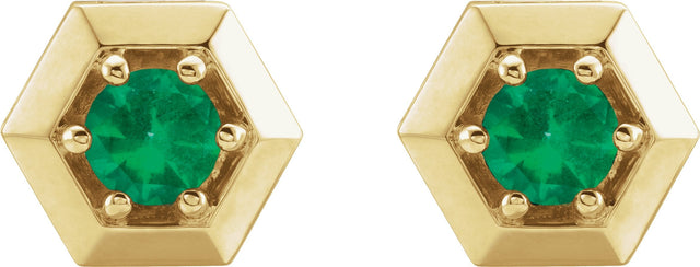 14K Gold Natural Emerald Round 3-Prong Geometric Earrings - Yellow Gold - view 4