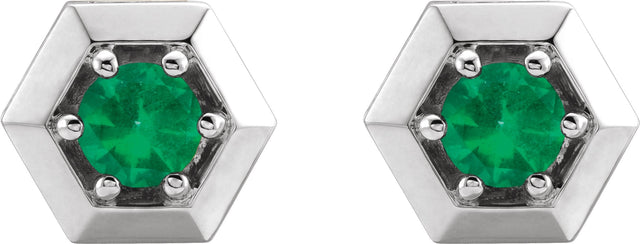 14K Gold Natural Emerald Round 3-Prong Geometric Earrings - White Gold - view 4