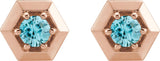 14K Gold Natural Blue Zircon Round 3-Prong Geometric Earrings - Rose Gold - view 4