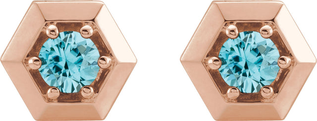 14K Gold Natural Blue Zircon Round 3-Prong Geometric Earrings - Rose Gold - view 4