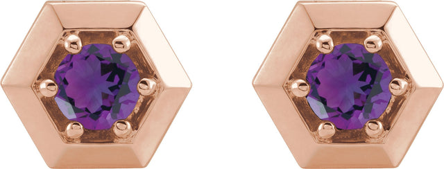 14K Gold Natural Amethyst Round 3-Prong Geometric Earrings - Rose Gold - view 4