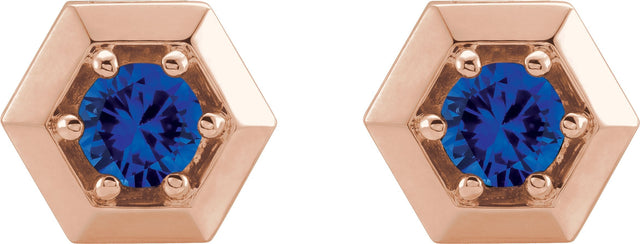 14K Gold Lab-Grown Blue Sapphire Round 3-Prong Geometric Earrings - Rose Gold - view 4