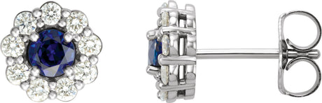 14K Gold Lab-Grown Blue Sapphire & Natural Diamond Round 4-Prong Halo-Style Earrings – 3.5-8mm Stones - White Gold