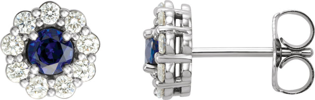 14K Gold Lab-Grown Blue Sapphire & Natural Diamond Round 4-Prong Halo-Style Earrings – 3.5-8mm Stones - White Gold