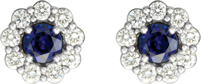 14K Gold Lab-Grown Blue Sapphire & Natural Diamond Round 4-Prong Halo-Style Earrings – 3.5-8mm Stones - White Gold - view 2