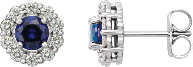 14K Gold Lab-Grown Blue Sapphire & Natural Diamond Round 4-Prong Halo-Style Earrings – 3.5-8mm Stones - White Gold