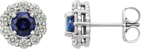 Platinum Lab-Grown Blue Sapphire & Natural Diamond Round 4-Prong Halo-Style Earrings – 3.5-8mm Stones