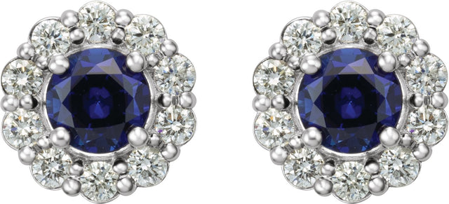 Platinum Lab-Grown Blue Sapphire & Natural Diamond Round 4-Prong Halo-Style Earrings – 3.5-8mm Stones - view 2
