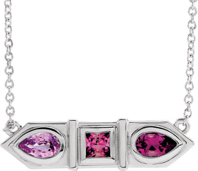 14K Gold Natural Pink Multi-Gemstone Geometric Bar Necklace - White Gold