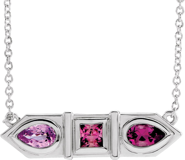 14K Gold Natural Pink Multi-Gemstone Geometric Bar Necklace - White Gold