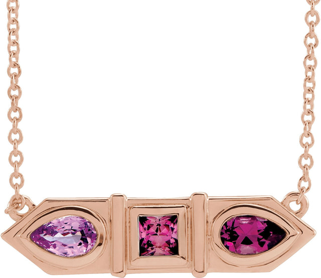 14K Gold Natural Pink Multi-Gemstone Geometric Bar Necklace - Rose Gold