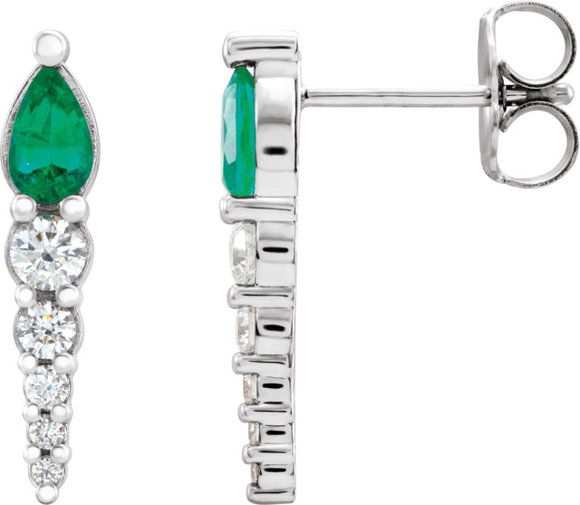 14K Gold Pear Lab-Grown Emerald & Natural Diamond Accented Bar Earrings - White Gold