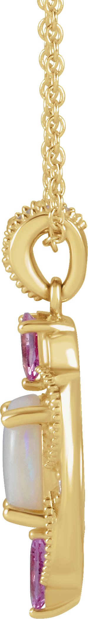 14K Gold Oval Natural White Opal & Natural Pink Sapphire & Natural Diamond Vintage-Inspired Necklace or Pendant - Yellow Gold - view 2