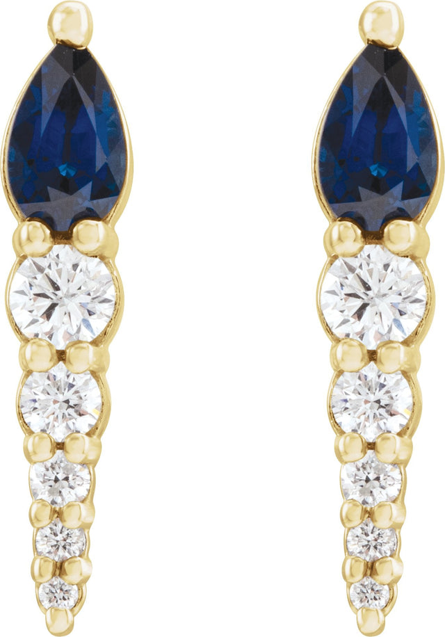 14K Gold Pear Natural Blue Sapphire & Natural Diamond Accented Bar Earrings - Yellow Gold - view 2