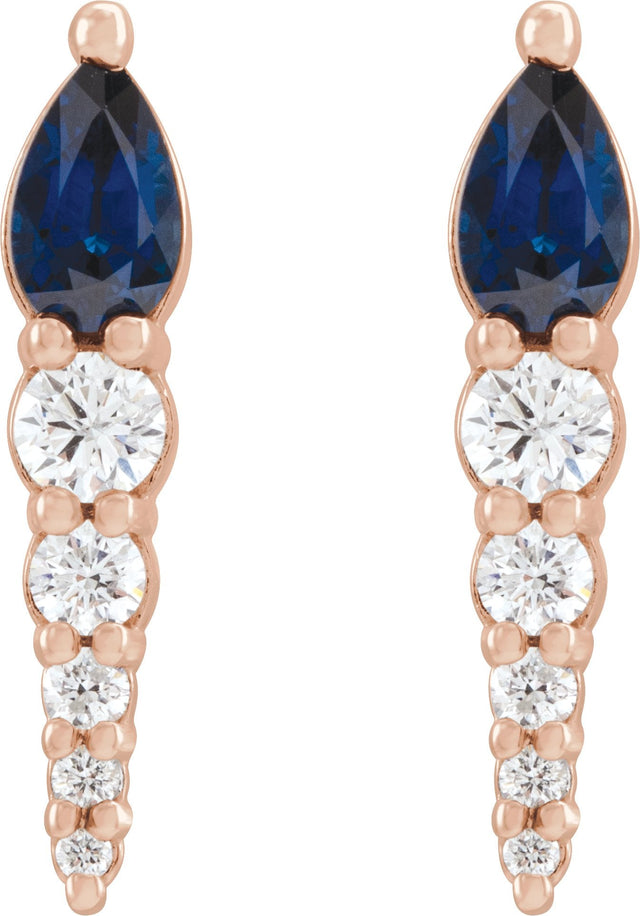 14K Gold Pear Lab-Grown Blue Sapphire & Natural Diamond Accented Bar Earrings - Rose Gold - view 2