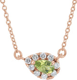 14K Gold Pear Natural Peridot & Natural Diamond French-Set Halo-Style Necklace - Rose Gold
