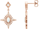 14K Gold Oval Natural White Opal & Natural Diamond Accented Star Earrings - Rose Gold