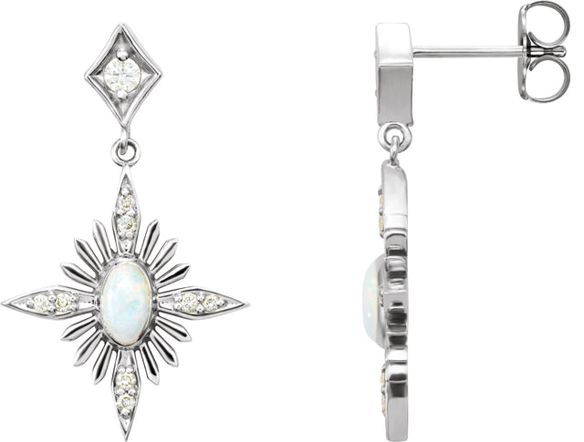Platinum Oval Natural White Opal & Natural Diamond Accented Star Earrings