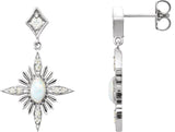 14K Gold Oval Natural White Opal & Natural Diamond Accented Star Earrings - White Gold