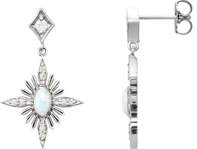 14K Gold Oval Natural White Opal & Natural Diamond Accented Star Earrings - White Gold