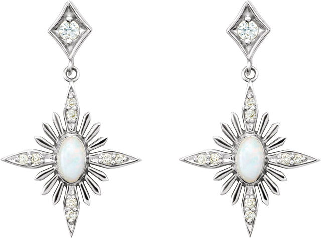 Platinum Oval Natural White Opal & Natural Diamond Accented Star Earrings - view 2
