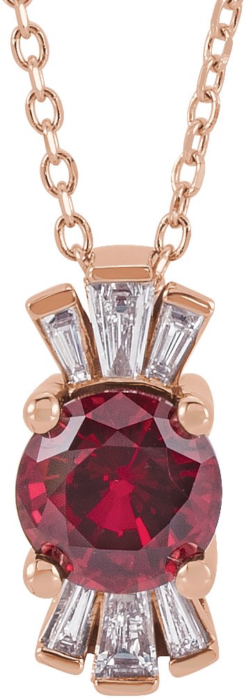 14K Gold Round Lab-Grown Ruby & Natural Diamond Accented Necklace or Pendant – 1/6 CTW - Rose Gold