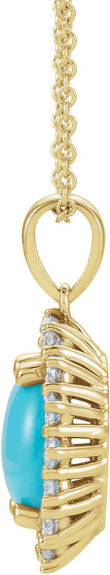 14K Gold Oval Natural Turquoise & Natural Diamond Halo-Style Necklace or Pendant – 8x6mm - Yellow Gold - view 2