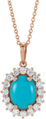 14K Gold Oval Natural Turquoise & Natural Diamond Halo-Style Necklace or Pendant – 8x6mm - Rose Gold