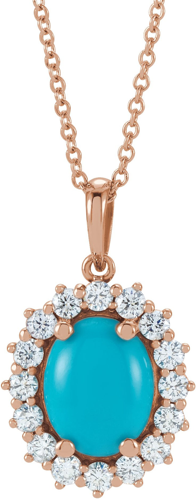 14K Gold Oval Natural Turquoise & Natural Diamond Halo-Style Necklace or Pendant – 8x6mm - Rose Gold