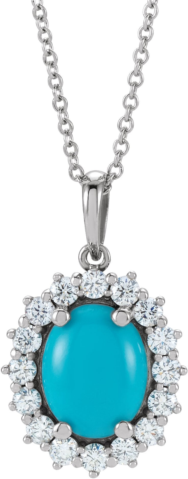 14K Gold Oval Natural Turquoise & Natural Diamond Halo-Style Necklace or Pendant – 8x6mm - White Gold
