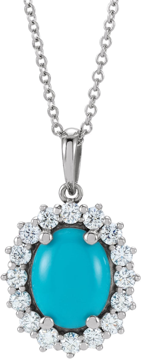 Platinum Oval Natural Turquoise & Natural Diamond Halo-Style Necklace or Pendant