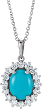 Platinum Oval Natural Turquoise & Natural Diamond Halo-Style Necklace or Pendant
