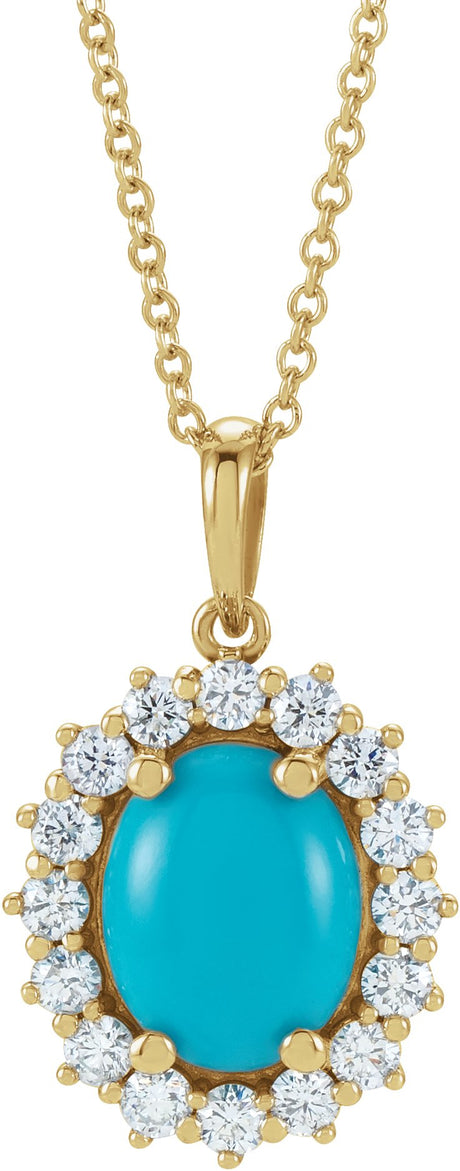14K Gold Oval Natural Turquoise & Natural Diamond Halo-Style Necklace or Pendant – 8x6mm - Yellow Gold