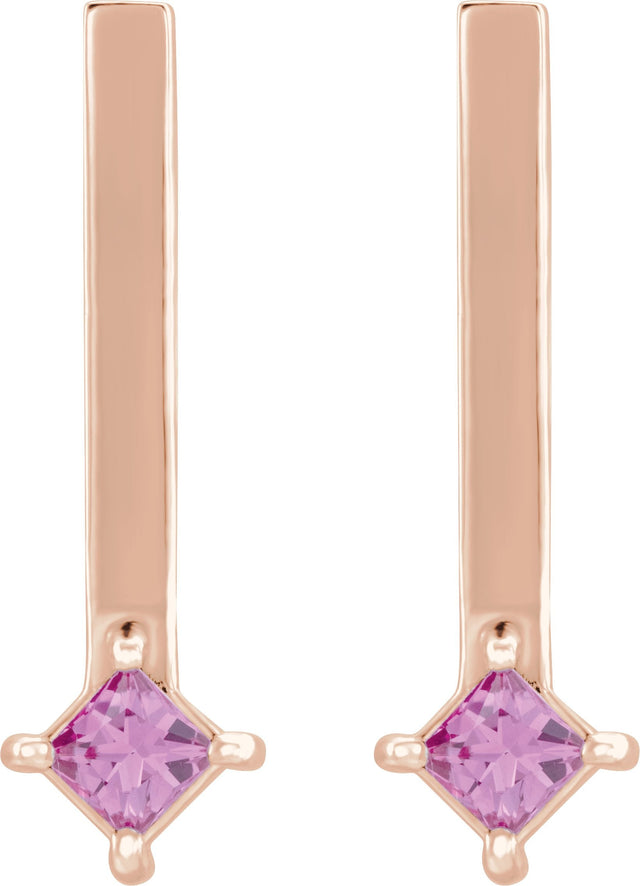 14K Gold Square Natural Pink Sapphire Bar Drop Earrings - Rose Gold - view 2