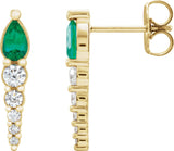 14K Gold Pear Lab-Grown Emerald & Natural Diamond Accented Bar Earrings - Yellow Gold
