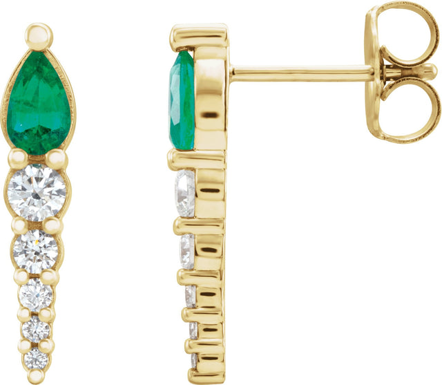 14K Gold Pear Lab-Grown Emerald & Natural Diamond Accented Bar Earrings - Yellow Gold