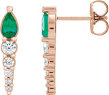 14K Gold Pear Lab-Grown Emerald & Natural Diamond Accented Bar Earrings - Rose Gold