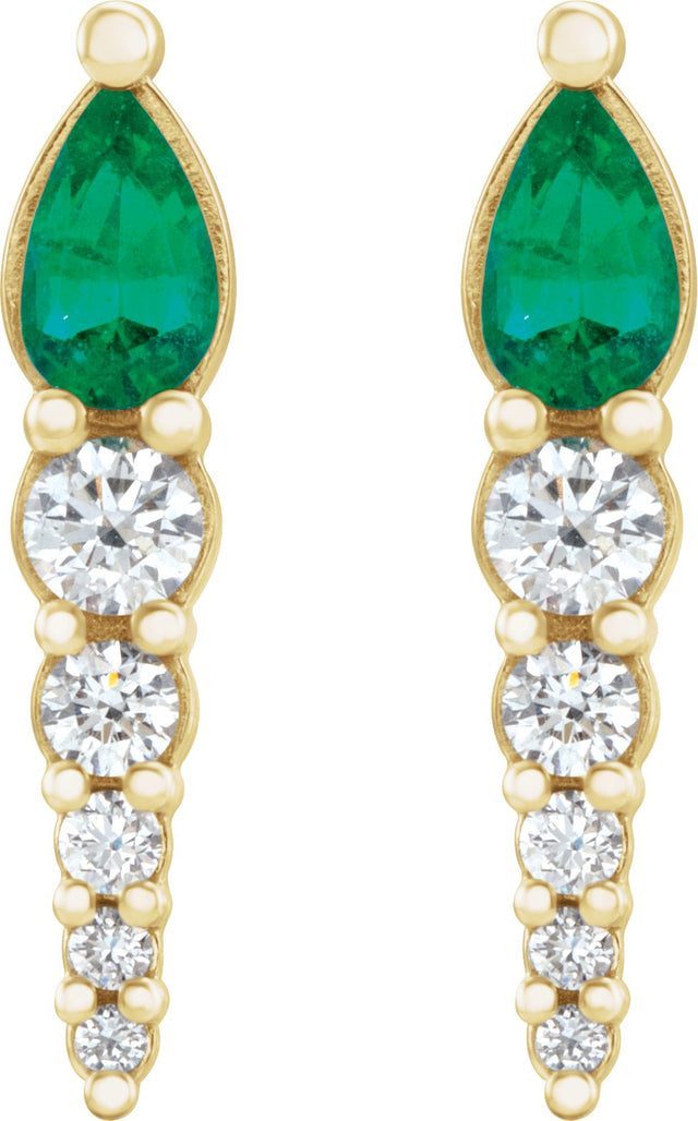 14K Gold Pear Lab-Grown Emerald & Natural Diamond Accented Bar Earrings - Yellow Gold - view 2